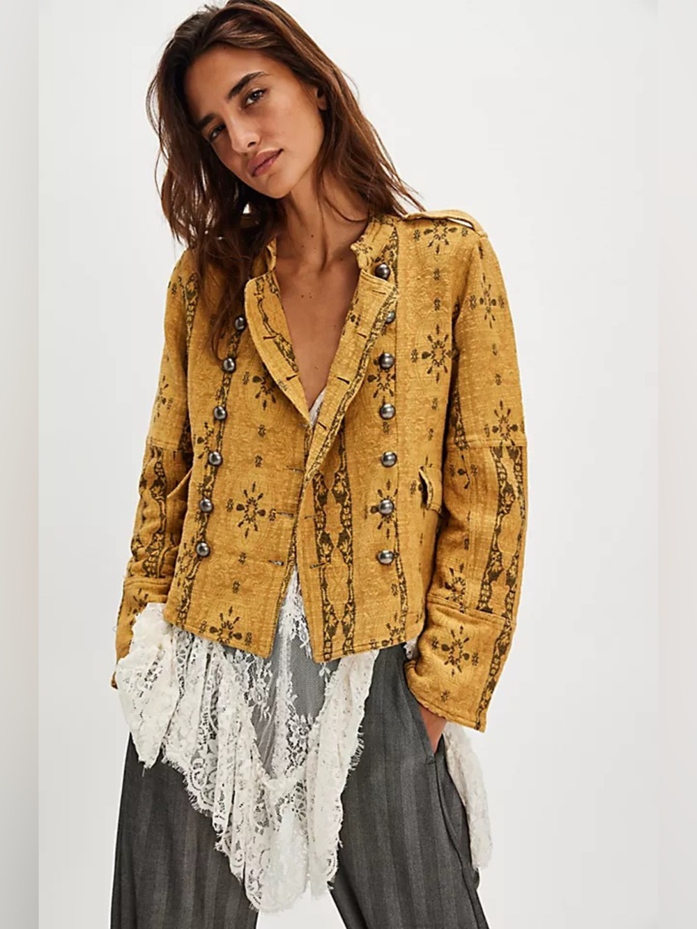 Free People Lotty Jacquard Band Jacket Yellow Sunny Ochre Medium